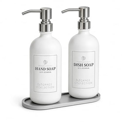 Fachixy White Glass Soap Dispenser (2 Pack), 16 Fl Oz Hand & Dish Soap Dispenser Bottles Set with Rust-Resistant Stainless Steel Pump, Non-Slip Pad, 14 Waterproof Labels for Kitchen and Bathroom - color: Off-white