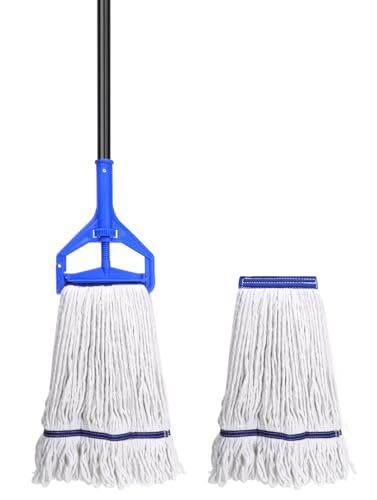 Loop-End String Mop Heavy Duty Commercial Industrial Mops with 2 Extra Mop Heads Replacement, 59 Inch Cotton Wet Mop for Floor Cleaning