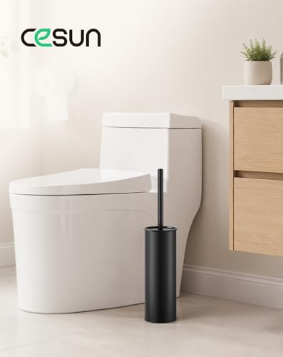 Cesun Toilet Brush and Holder Set, Curved Toilet Bowl Brush for Under Rim Cleaning, 304 Stainless Steel Holder, Weighted Base, Long Handle Toilet Scrubber, 2 Brush Heads, Black - color: Black