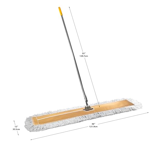 Commercial Dust Mop 48 Inch - Industrial Floor Dust Mop with Aluminum Handle - Reusable Washable Cotton Mop Head for Hardwood Tile Laminate Vinyl Floors - Dry Mop for Janitorial Cleaning