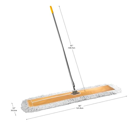 Commercial Dust Mop 48 Inch - Industrial Floor Dust Mop with Aluminum Handle - Reusable Washable Cotton Mop Head for Hardwood Tile Laminate Vinyl Floors - Dry Mop for Janitorial Cleaning