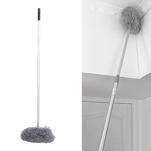 Ceiling Fan Duster with Extension Pole, 360 Degree Rotation Extra Long Round Duster Washable Cobweb Brush for Outdoor Indoor (Grey) - color: Gray