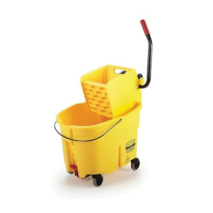 Rubbermaid Commercial 35Qt WaveBrake 2.0 Side-Press Mopping Bucket and Wringer with Foot Pedal Drain, Yellow, for Professional/Industrial/Business Heavy-Duty Floor Cleaning/Mopping - style: Foot Pedal Drain