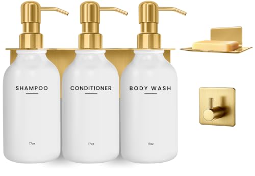 KOUCHU Shampoo and Conditioner Dispenser - Wall Mounted Shower Soap Dispenser - 17oz No-Drill Refillable Plastic Bottles with Stainless Steel Pump for Bathroom - Includes Soap Dish and Hook (Gold) - color: Gold