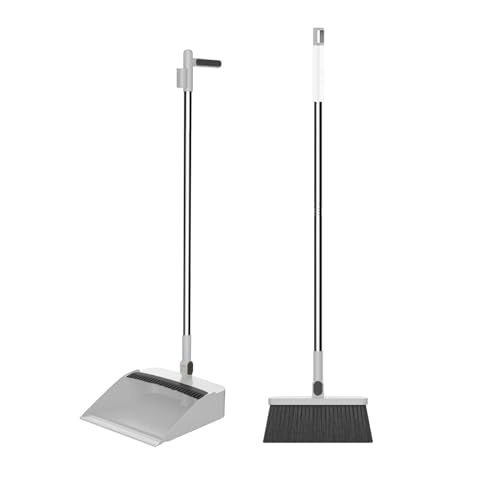 37.8in Broom and Dustpan Set Foldable Hand Brooms for Home & Kitchen with Rotatable Standing Storage, Buckle Type Broom with Dustpan Combo Set Outdoor Brooms Cleaning Tool Apartment Essentials (White) - color: White