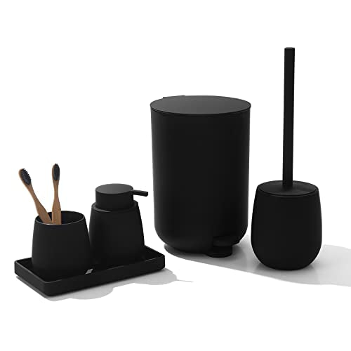 GAHEFY Black Bathroom Accessories Set with Small Trash Can 3 Liter/0.8 Gallon,Toothbrush Holder,Soap Dispenser,Vanity Tray,Toilet Brush and Holder Black 5pcs - style: Black 5 pcs
