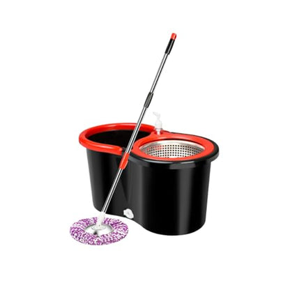 Spin Mop & Bucket Set with 2 Microfiber Mop Heads – 360° Rotating Stainless Steel Handle, Telescopic Pole (90–120cm), Hands-Free Cleaning System – Multi-Surface Floor Mop for Home & Office
