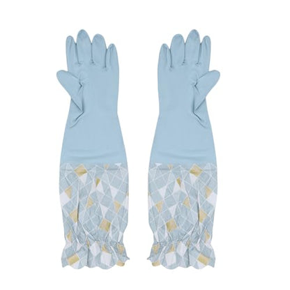 RARITYUS Household Kitchen Cleaning Gloves Waterproof Cotton Lined Dishwashing Non-Slip Long Cuff Gloves - color: Blue (Length 19.29'')