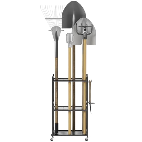 Cuteam Garden Tool Organizer, 35-Slot Steel Rolling Rack with Wheels, Adjustable Feet Yard Tool Rack for Shovels, Rakes, Brooms and Cleaning Equipment, Efficient Tool Organization System (Black)