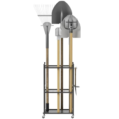 Cuteam Garden Tool Organizer, 35-Slot Steel Rolling Rack with Wheels, Adjustable Feet Yard Tool Rack for Shovels, Rakes, Brooms and Cleaning Equipment, Efficient Tool Organization System (Black)