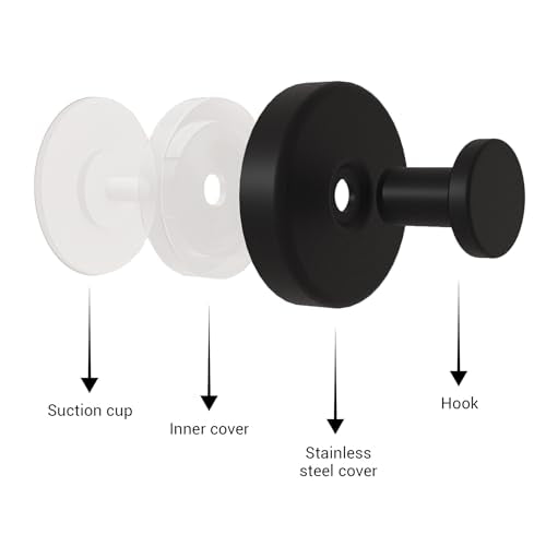 Suction Cup Hooks for Shower - 2 Pack, Matte Black - Stainless Steel, Strong Suction, No Drill, Removable Hanger, Tile Bathroom Kitchen Wall, Glass Door, Mirror Hook Hanging Robe, Towel Holder - color: Matte Black