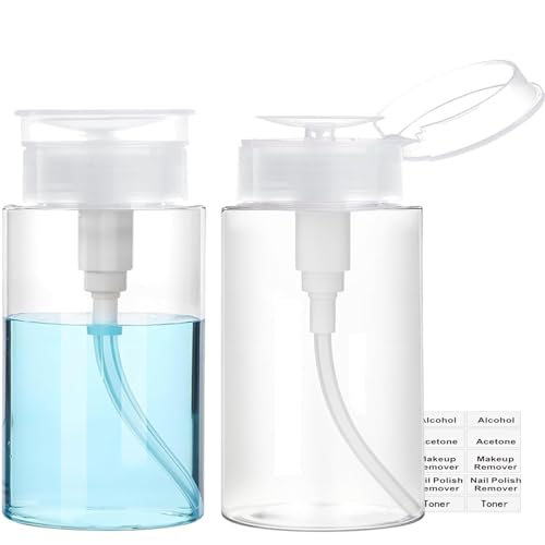 Push Down Pump Dispenser, 5.1oz Clear Pump Bottles with Alcohol, Acetone, Nail Polish Remover, Makeup Remover, Toner Stickers Empty Push Top Container for Liquid (150ml-2Pack) - size: 150ml-2pack