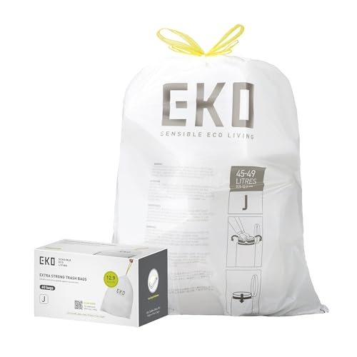 EKO 12.9 Gallon / 45-49 Liter, 60 Count Drawstring Trash Bags, Extra-Strong Unscented Garbage Bags, Easy-Dispense Roll for Kitchen & Household Use, Resists Tears, Leaks and Punctures, Code J, White - size: 60 Count (Pack of 1), style: 12.9 Gallon Bags/Cod