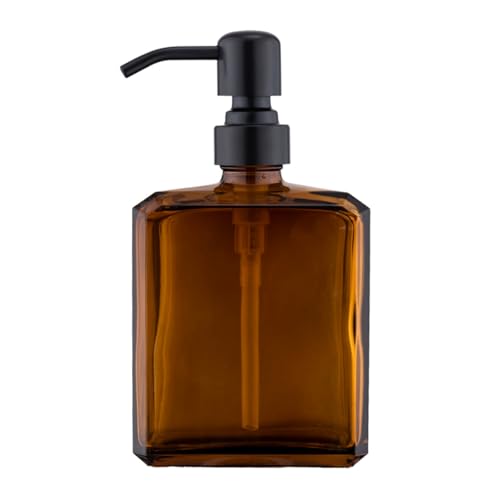 Amber Soap Dispenser Square Bottle and Black Pump, Glass Dish Soap Dispense, Refillable Hand Soap Dispenser with Stainless Steel Pump, 13.5 oz Lotion Dispenser for Bathroom, Kitchen Countertop - color: Amber Bottle With Black Pump, size: 13.5oz-Square