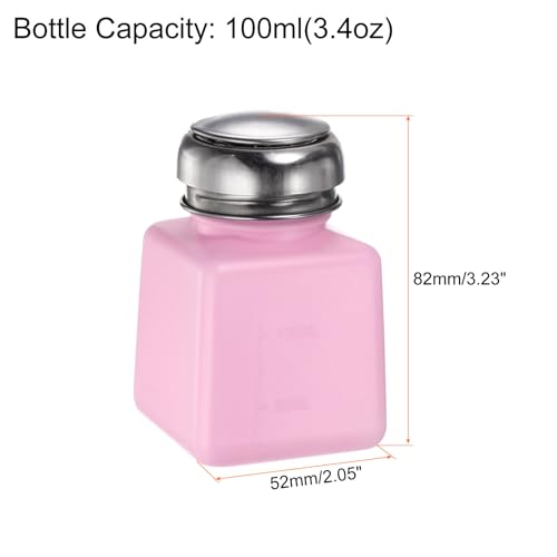2pcs Solvent Alcohol Dispensers 100ml(3.4oz) Push Down Liquid Dispenser Pump Bottle with Sealing Stainless Steel Lid for Acetone Cleanser Polish Remover, Pink