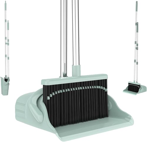 Broom and Dustpan Set, 52-Inch Adjustable Long Handle with Self-Cleaning Comb Teeth, Flexible TPR Lip and Foot-Assisted Fold-Up Dustpan for Pet Hair, Dust, Crumbs and Hard Floors, Green - color: Green