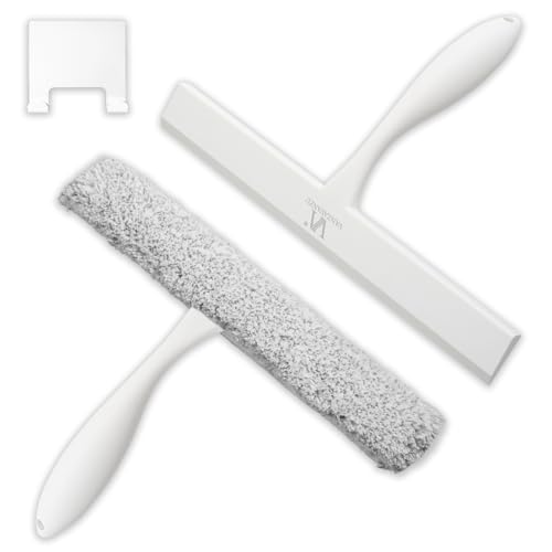 Shower Squeegee for Glass Doors & Microfiber Scrubber Kit 11Inch Window Washing Tools with Non-Slip Handle and Adhesive Hook - color: White+grey