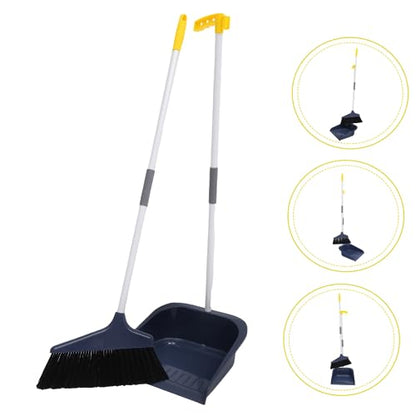 Lurrose Broom and Dustpan Set Broom with Dustpan Combo Set Upgrade Broom Long Handle Broom Broomstick Standing Dust Pan for Home Kitchen Lobby Floor Cleaning - color: Blue