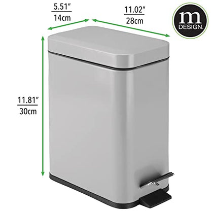 mDesign Small Modern 1.3 Gallon Rectangle Metal Lidded Step Trash Can, Compact Garbage Bin with Removable Liner Bucket and Handle for Bathroom, Kitchen, Craft Room, Office, Garage - Gray - color: Gray, size: 1.3 Gallon