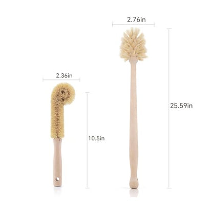 2-Piece Wooden Bottle Brush Set - Includes Tapered Cup Brush & L-Shape Coconut Scrubber - Beech Wood Cleaning Kit for Water Bottles, Glassware & Vases - size: 2 Piece Set - Tapered + L-Shape