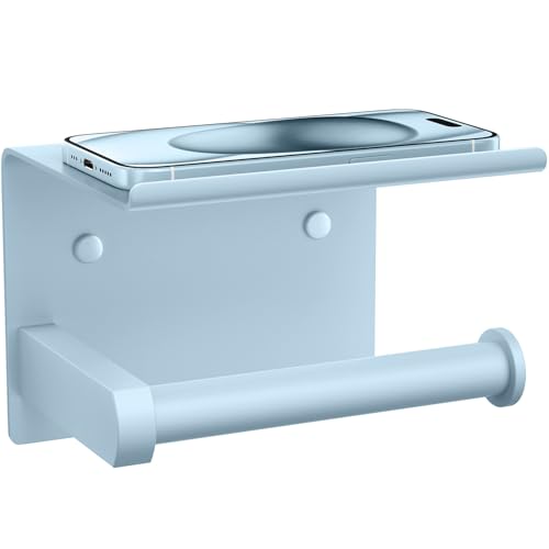 Tindbea Toilet Paper Holder with Phone Shelf, Adhesive or Screw Wall Mount Toilet Tissue Roll Holder, Rustproof & Multifunctional Stainless Steel Bathroom Storage Dispenser (Sky Blue) - color: I-sky Blue