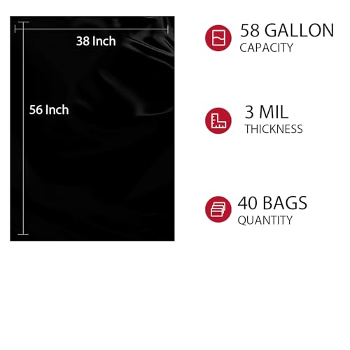 Construction Heavy-Duty Trash Bags 55-60 Gallons | 40 Packs |38 * 56| 3mil Thickness | Professional Puncture Resistance | Suitable for Kitchen, Commercial,Construction, Sanitation, Hotel-MADE IN USA