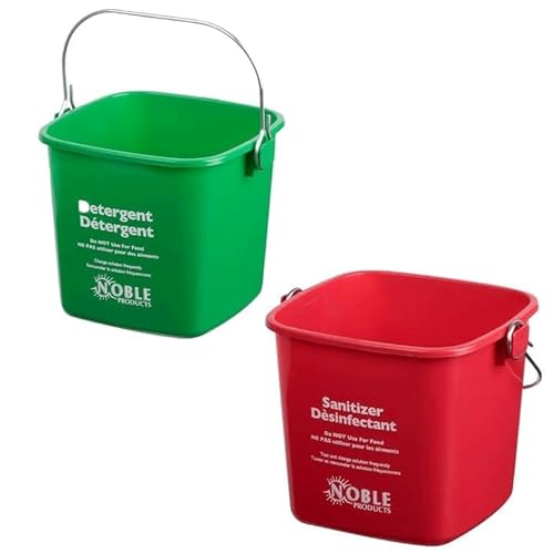 Cleaning Bucket with Handle - 3-Quart Square Sanitizer Bucket - Red & Green Pail for Commercial Sanitizing - Small Bucket for Cleaning Restaurant, Kitchen, Home, Food Service Use (Set of 2)