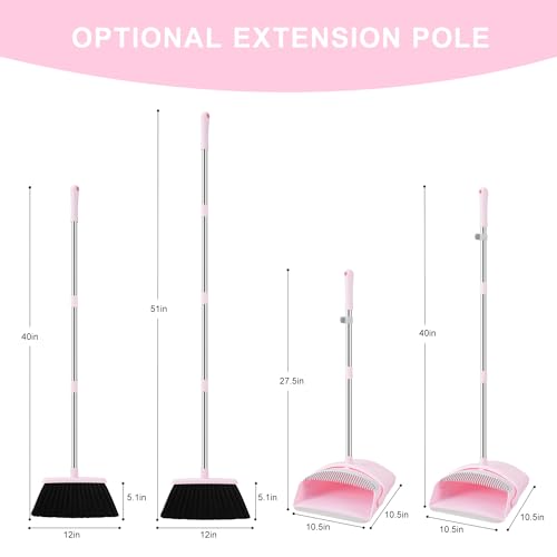 Pink Broom and Dustpan Set for Home, 52-in Long Handle Broom with Dustpan Combo with Dustpan Teeth Easy to Scrape Off Pet Hair, Indoor&Outdoor Sweeping（Pink） - color: Pink&grey