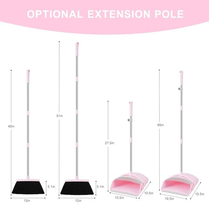 Pink Broom and Dustpan Set for Home, 52-in Long Handle Broom with Dustpan Combo with Dustpan Teeth Easy to Scrape Off Pet Hair, Indoor&Outdoor Sweeping（Pink） - color: Pink&grey