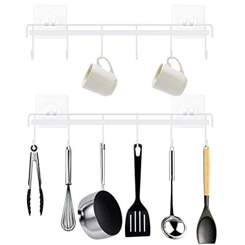 Kitchen Utensil Hanger, Adhesive Utensil Holder Wall Mount Kitchen Rack Rail with 12 Hooks, Space Saving and No Drilling, White, 2 Pcs - color: White