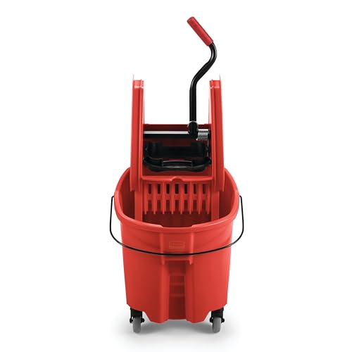 Rubbermaid Commercial Products WaveBrake 2.0 35 QT Down-Press Mop Bucket with Wringer Set, Red, Heavy Duty Mopping/Cleaning for Professional/Janitorial Use