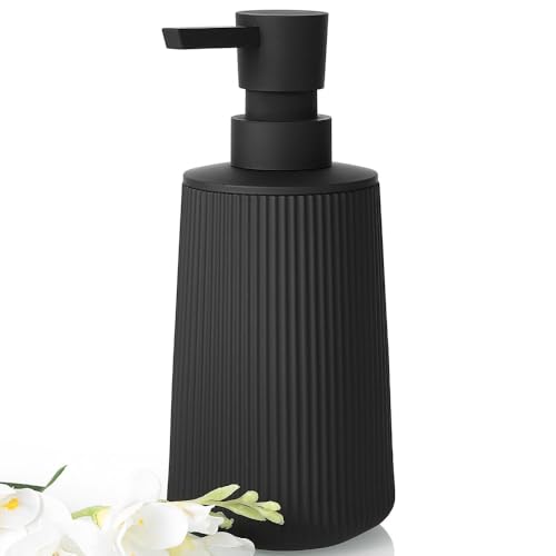 Black Hand Soap Dispenser with No Rust Pump for Bathroom and Kitchen Countertops Refillable Striped Matte Plastic 8.5 oz - color: Black