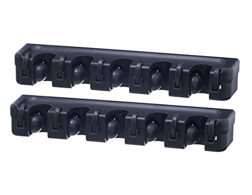 Superio Mop and Broom Holder 2 Pack Wall Mount Black Cleaning Tools Wall Organizer, 3 Rack Slots / 4 Hooks for Kitchen Closet, Garage, Garden, Office - color: Black, size: Large, 2-pack