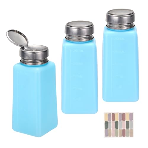 uxcell 3Pcs Push Down Solvent Dispenser, 250ml/8.4oz Anti-Reflux Liquid Pump Bottle with Stainless Steel Lid and Colorful Stickers for Acetone Alcohol Makeup Remover, Blue - color: Blue, size: 250ml/8.4oz
