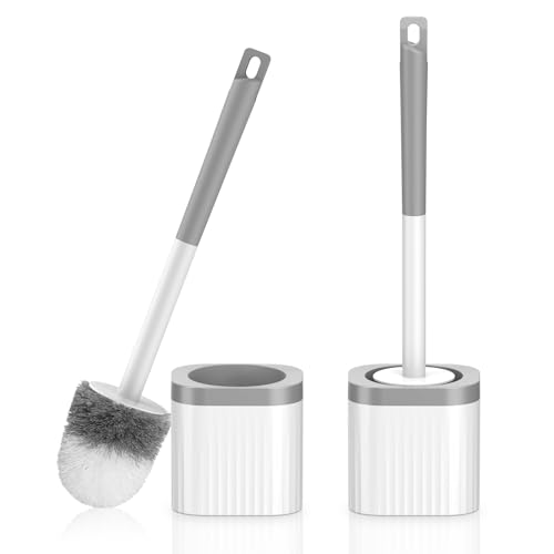 Toilet Brush, 2 Pack Compact Toilet Bowl Brush and Holder Set with Nylon Bristles Toilet Cleaner Brush Hidden Toilet Scrubber Brush for Bathroom Cleaning, Grey & White - color: Grey White-2p