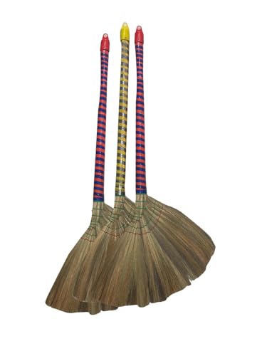 掃把 Anti-Static Choi Bong Co Vietnam Hand Made Straw Soft Broom Colored Handle 12" Head Width, 40" Overall Length 3-PC