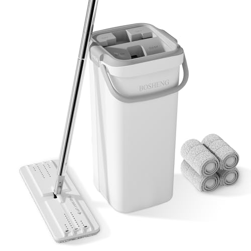 BOSHENG Mop and Bucket Set, Flat Mops for Floor Cleaning, Wall Mop with 60" Extensible Handle, Hardwood Floor Mop with 4 Microfiber Pads - color: White, size: 1 Bucket [White] + 60" Mop + 4 Grey Pads