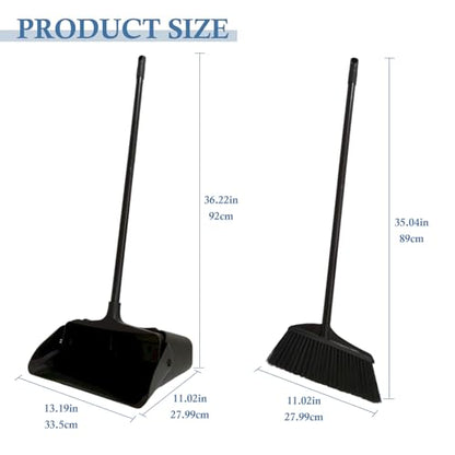 Broom and Dustpan Set with Long Handle and Wheels, Upright Standing Heavy Duty Large Dust Pan and Broom Combo for Indoor Outdoor, Kitchen, Garage, Restaurant Cleaning – Black