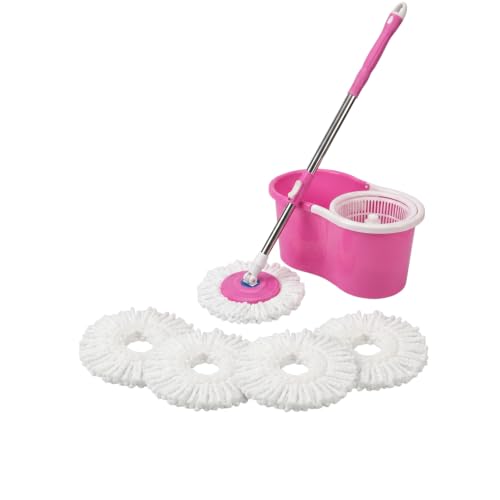Universal Spin Mop and Bucket Set, 360° Rotating Self-Wringing Floor Cleaner, Microfiber Mop Head, Hands-Free Wringing, Pink
