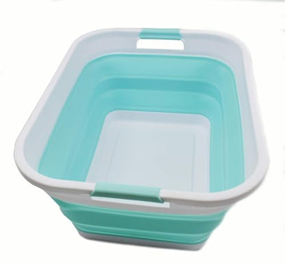 SAMMART 41L (10.8 gallon) Collapsible Plastic Laundry Basket-Foldable Pop Up Storage Container/Organizer-Portable Washing Tub, Water capacity: 32L (8.4 gallon) (Rectangular, White/Lake Green) - color: White/Lake Green