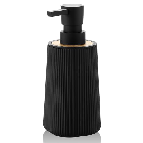 Small Soap Dispenser for Bathroom and Kitchen, Modern Farmhouse Striped Style Plastic Hand Soap Dish Soap Dispenser with Bamboo Decor Black - color: Bamboo Black