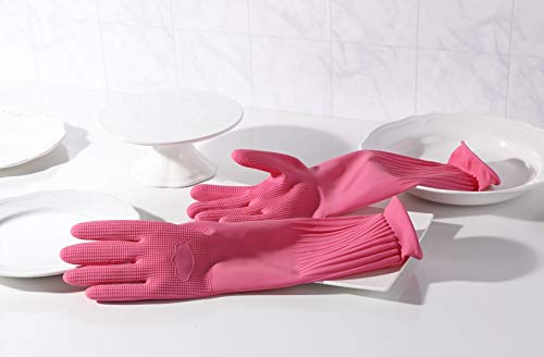 Myungjin (2 Pairs Reusable Waterproof Household Dishwashing Non-Slip Cleaning Latex Rubber Kitchen Gloves (Pink, Medium) - size: Medium 21cm x 37 cm