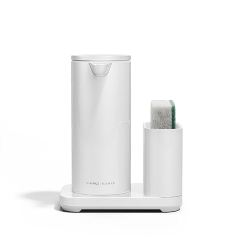 simplehuman Liquid Sensor Pump with Caddy, 9 oz Automatic Soap Dispenser for Kitchen and Bathroom, Touchless Motion Sensor, Variable Dispense, Rechargeable, High-Grade White Steel - color: White, style: 9 Oz. w/ Caddy