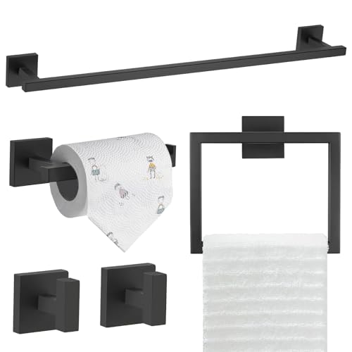 TQKAG 5-Piece Matte Black Bathroom Hardware Set Classic Wall Mounted Bathroom Accessories Set SUS304 Stainless Steel Towel Bar Sets 23.6" Towel Rack for Bathroom Towel Holder Set,Black - color: Matte Black, size: 5-Pieces Set