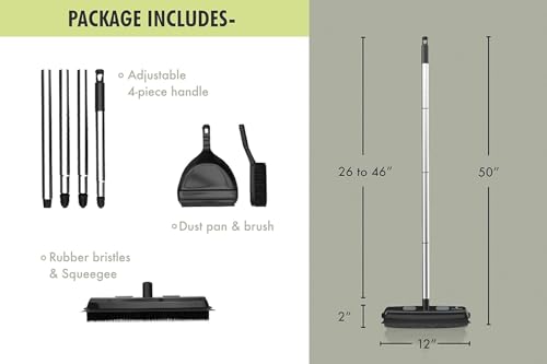 Rubber Bristle Expandable Broom Set with Dustpan & Handheld Rubber Brush for Surface Cleaning, Dust Pet Hair Removal Sofa Sweeping, Built-in Rubber Squeegee Snap, Set of 3, Black