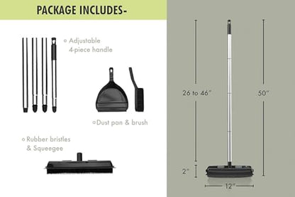Rubber Bristle Expandable Broom Set with Dustpan & Handheld Rubber Brush for Surface Cleaning, Dust Pet Hair Removal Sofa Sweeping, Built-in Rubber Squeegee Snap, Set of 3, Black