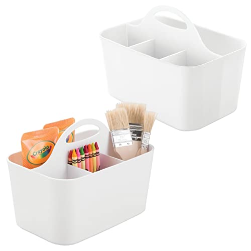 mDesign Plastic Portable Craft Storage Organizer Caddy Tote, Divided Basket Bin w/Handle - Craft, Sewing, Art Supplies - Holds Brushes, Colored Pencils - Lumiere Collection - White, 2 Pack - color: White, size: Pack of 2