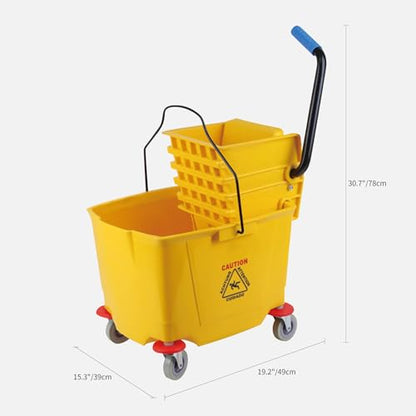 Side-Press Mop Bucket 36 L/9.5 Gallons | Heavy-Duty Plastic Wringer | One-Hand Squeeze & Non-Spill Wheels | for Home/Commercial Floor Cleaning (Yellow, 9.5 Gallons/38 Quart)