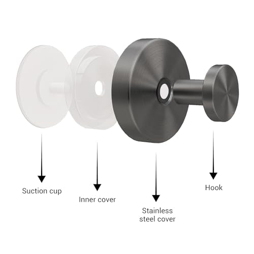 Suction Cup Hooks for Shower - 2 Pack, Gray - Stainless Steel, Strong Suction, No Drill, Removable Hanger, Tile Bathroom Kitchen Wall, Glass Door, Mirror Hook Hanging Robe, Towel Holder - color: Gray