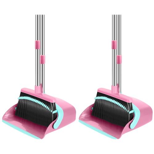 Broom and Dustpan Set, 52-in Long Adjustable Handle Broom Dustpan Combo with Dust pan Teeth to Automatically Clean Hair Suitable for Home Kitchen Office Hall Floor (Pink&Blue), 2 Pack - color: Pink-blue, size: 2 Pack